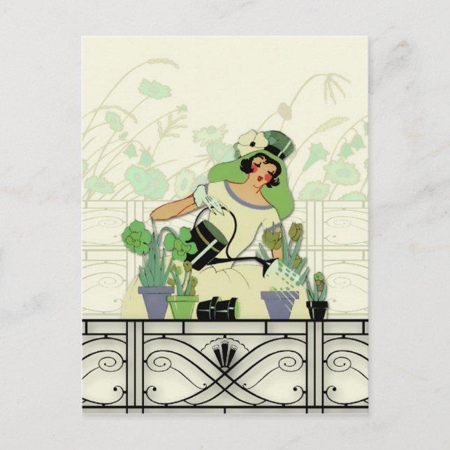 WINDOW GARDEN, ART DECO LADY: SUMMER GREENS POSTCARD (Front)