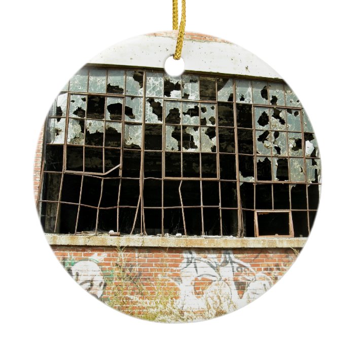 Window In Brick House with Broken Glass Christmas Ornaments