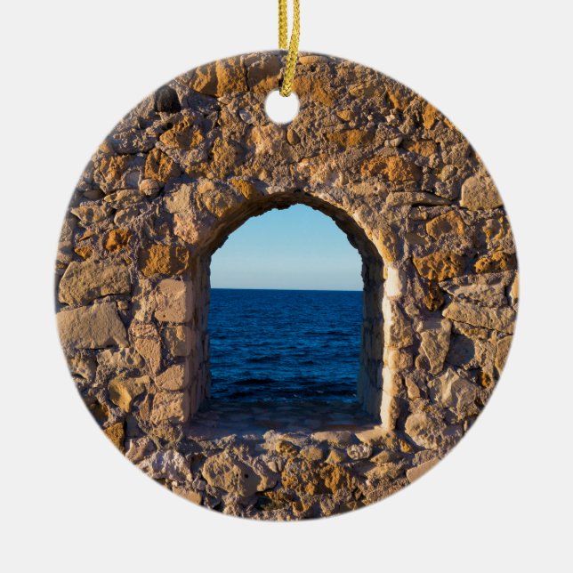 Window on a Stone Wall to the Aegean Sea Ceramic Ornament (Front)