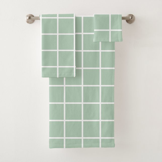 Window Pane Grid, White on Sage Green Bath Towel Set (Insitu)