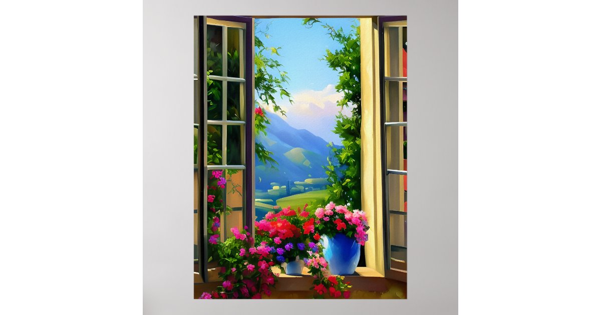 Window Scene Poster Window Scenes Art Mountain Flowers 18x24 Poster | Zazzle