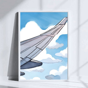 Window Seat   Airplane Wing Sky Watercolor Travel Poster