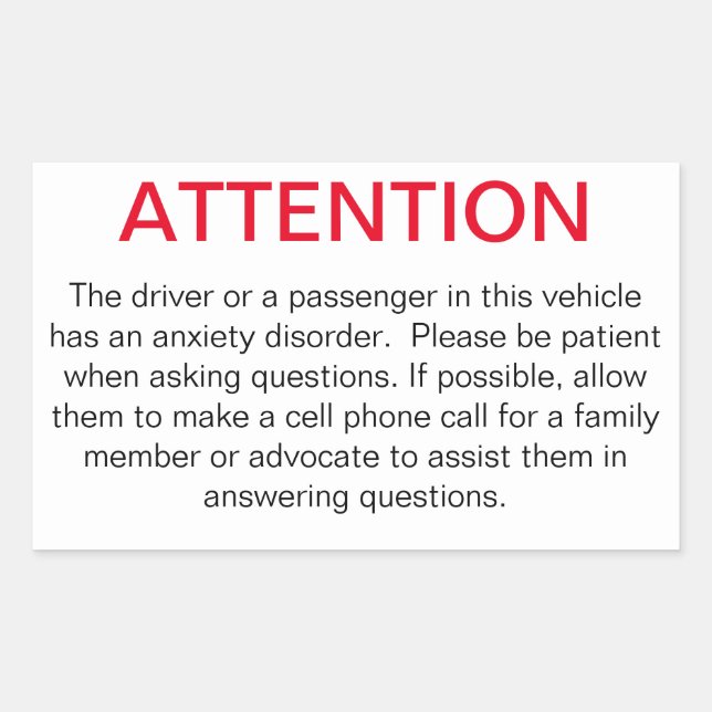 Window sticker to advise police of anxiety (Front)