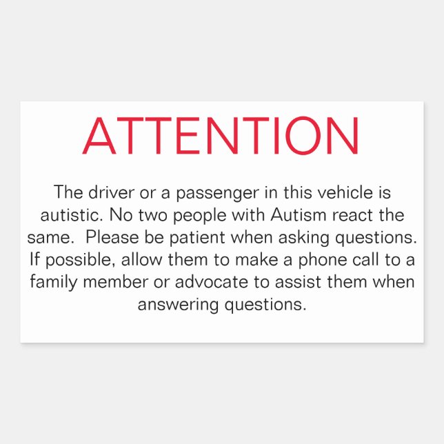 Window sticker to advise police of Autism (Front)