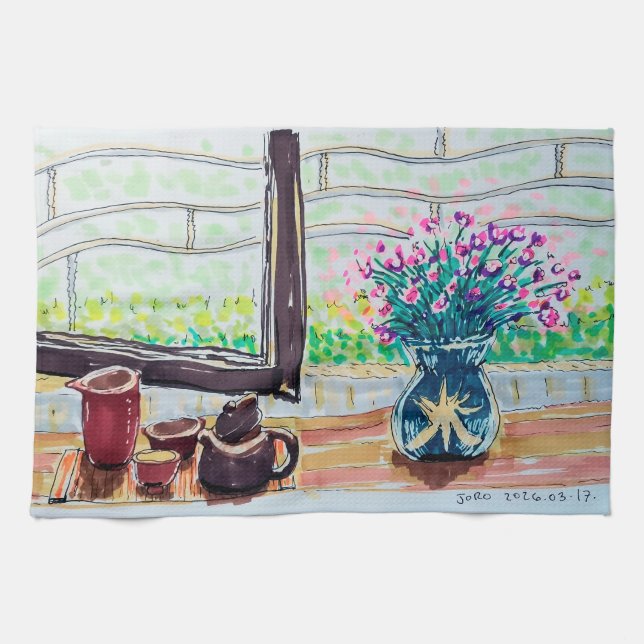 Window Tea and Flowers Kitchen Towel (Horizontal)