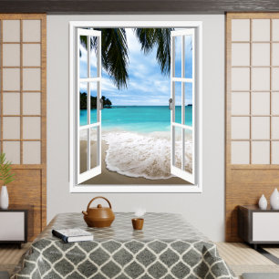 Window View 3D Tropical Sea And Beach Poster