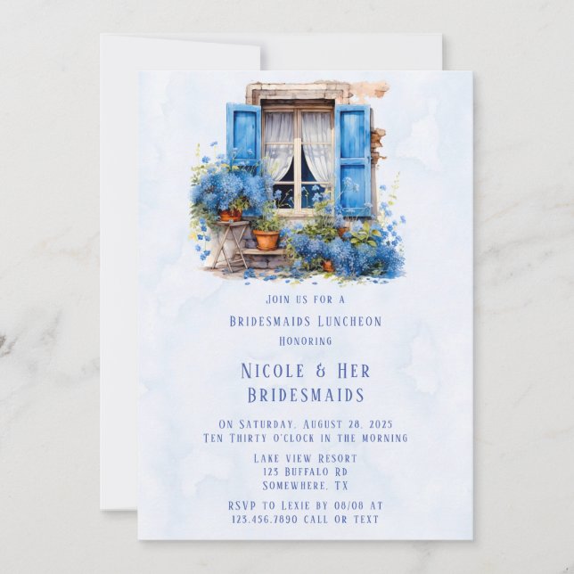 Window View Blue Floral Bridesmaids Luncheon Invitation (Front)