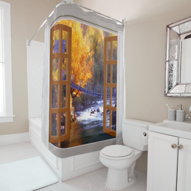 Window View Fall Scene Creek & Swinging Bridge Shower Curtain (In Situ)