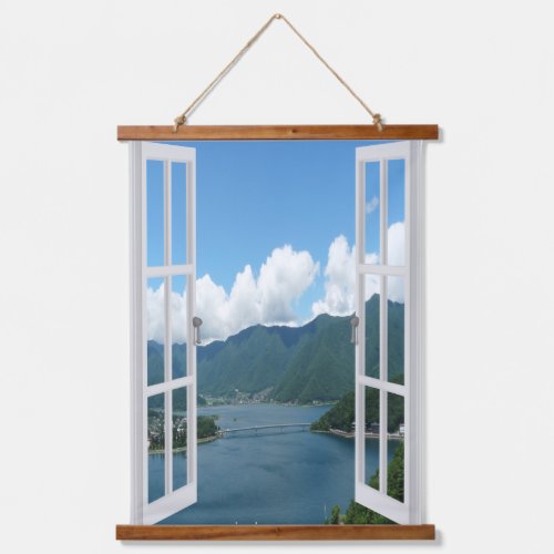 Window View Lake And Mountains Wall Tapestry 