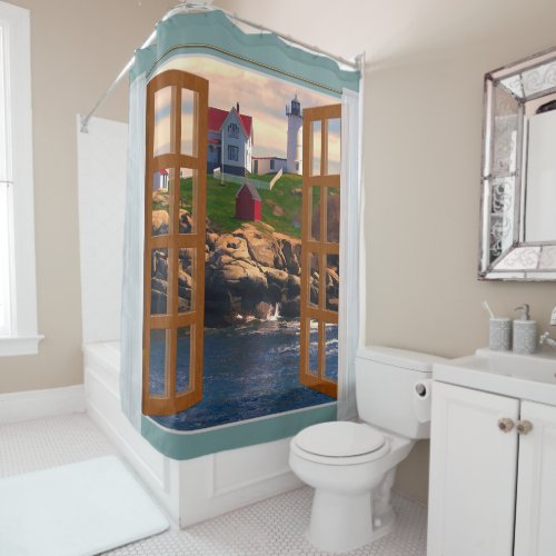 Window View Lighthouse at Sunset on the Point Shower Curtain