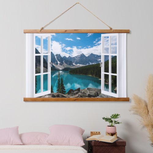 Window View Mountains And Lake Wall Tapestry 