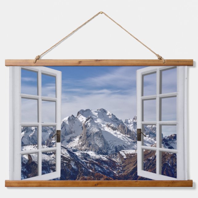 Window View Snowy Mountains Wall Tapestry  (Front)