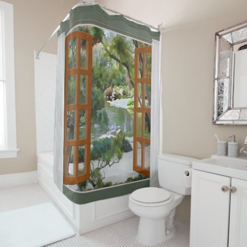 Window View Tranquility of a Japanese Garden Shower Curtain