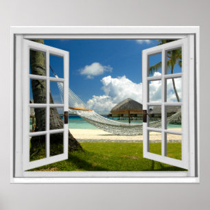 Window View Tropical Beach Scene Poster