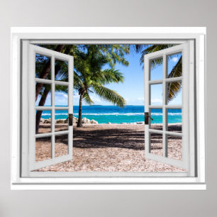 Window View With Palm Trees And Beach Poster