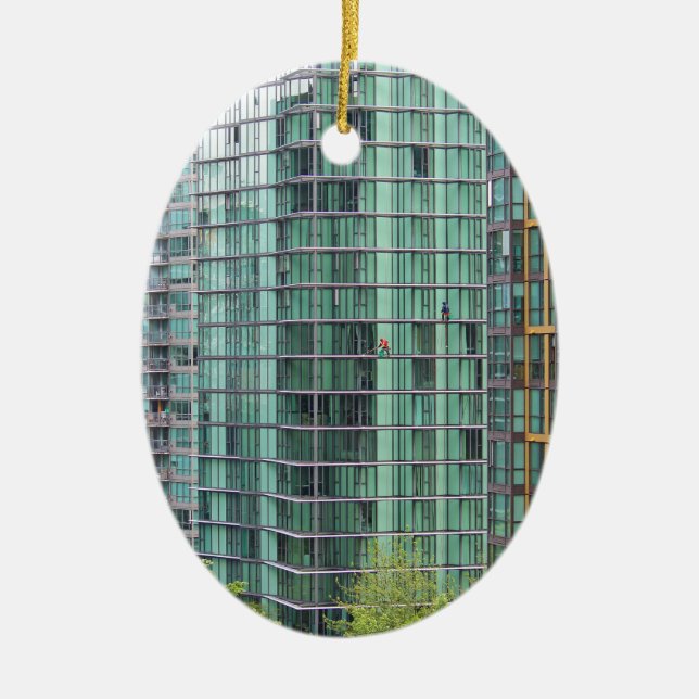 Window washers on downtown high rise building ceramic ornament (Front)