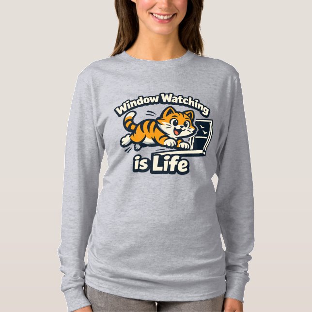 Window Watching is Life – Curious Cat Jump T-Shirt (Front)