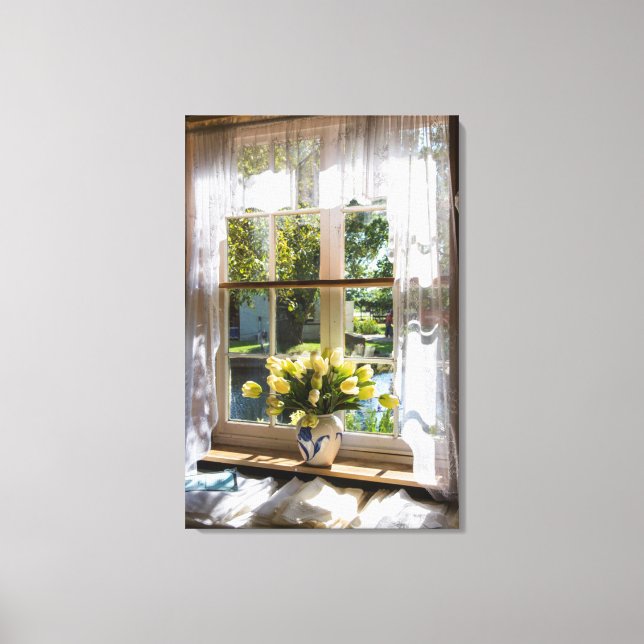 Window with lace curtain and tulips canvas print (Front)