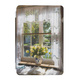 Window with lace curtain and tulips iPad mini cover