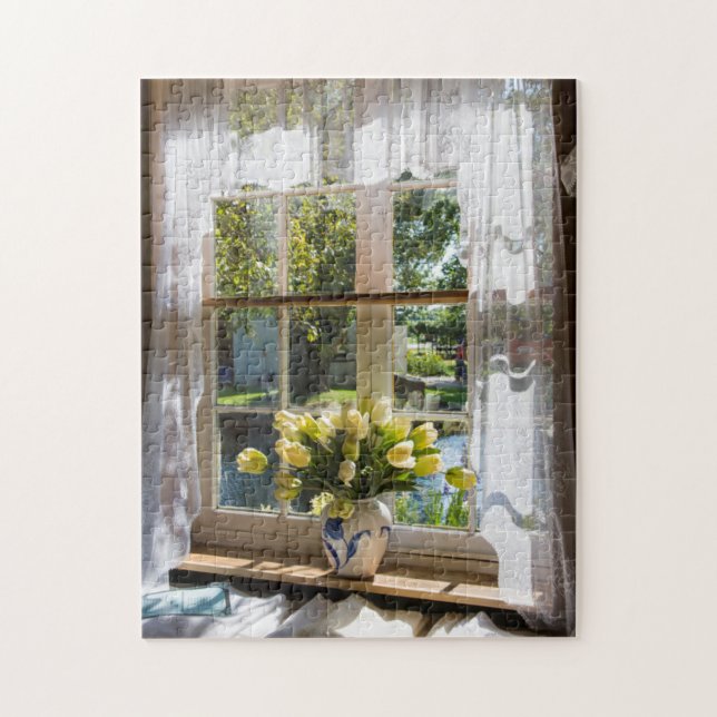 Window with lace curtain and tulips jigsaw puzzle (Vertical)