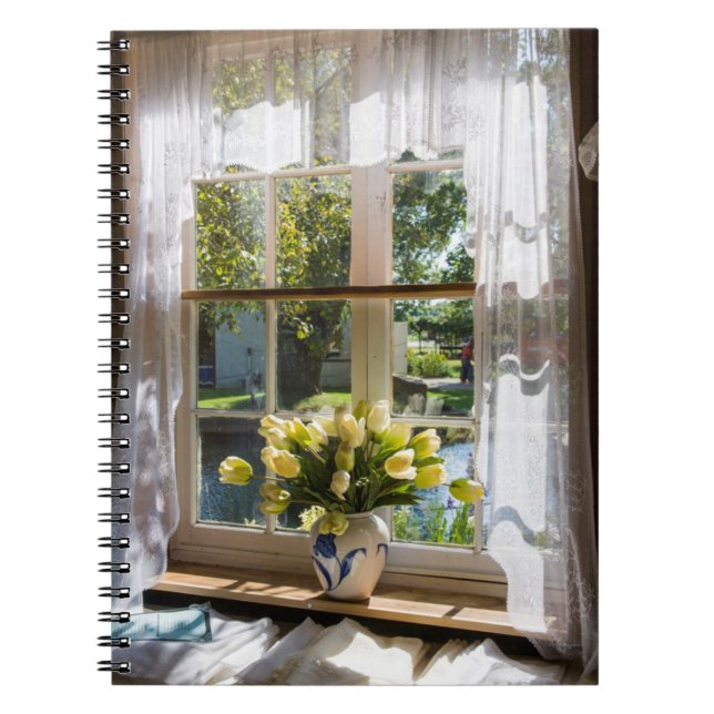 Window with lace curtain and tulips notebook (Front)