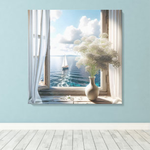 Window With Sailboat Ocean View Canvas Print