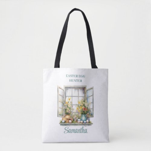 Window with spring flowers pastel Easter Eggs Hunt Tote Bag