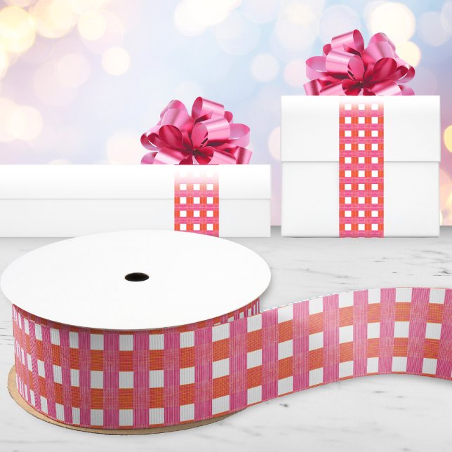 Windowpane Weave Gingham in Pink and Orange Grosgrain Ribbon (Creator Uploaded)