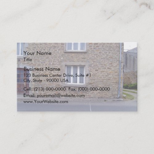 Windows In Rough Stone Wall House With Lace Curtai Business Card Templates