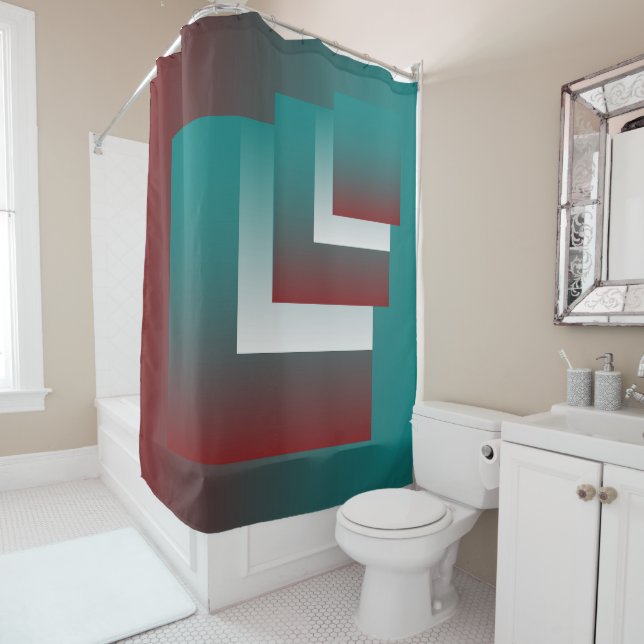 Windows in teal burgundy white shower curtain (In Situ)