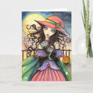 Winds of Halloween Witch and Tabby Cat Art Card