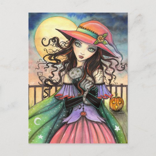 Winds of Halloween Witch Tabby Cat Art Postcard | Zazzle.com