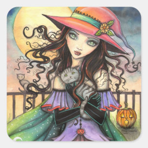Winds of Halloween Witch Tabby Cat Fantasy Art Square Sticker