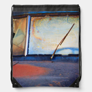 Windshield of an old rusty truck drawstring bag