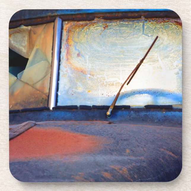 Windshield of an old rusty truck drink coaster (Front)