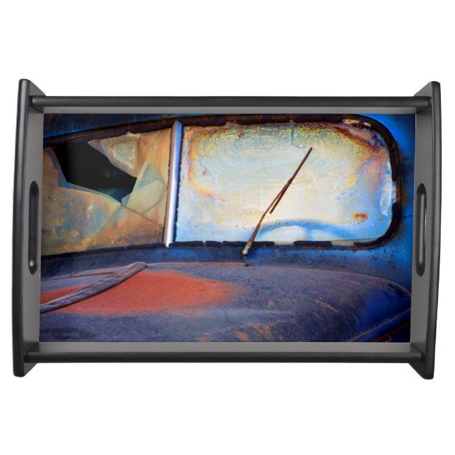 Windshield of an old rusty truck serving tray (Front)