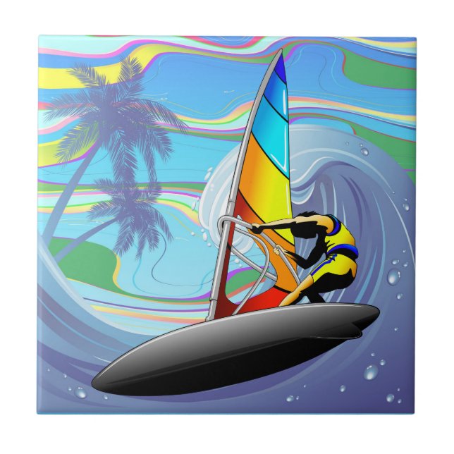 WindSurfer on Big Ocean Waves Ceramic Tile (Front)
