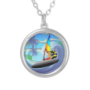 WindSurfer on Big Ocean Waves Silver Plated Necklace