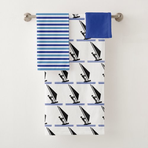 Windsurfer on board  and blue stripes windsurfing bath towel set