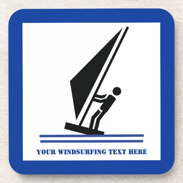 Windsurfer on board black, blue windsurfing custom beverage coaster (Front)