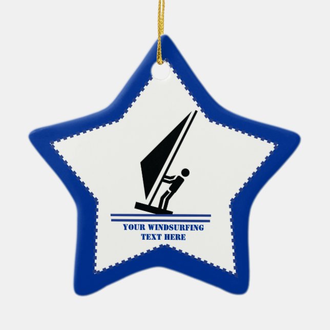 Windsurfer on board black, blue windsurfing custom ceramic ornament (Front)