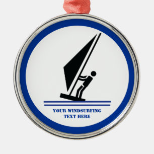 Windsurfer on board black, blue windsurfing custom metal ornament