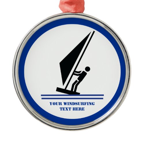 Windsurfer on board black, blue windsurfing custom metal ornament