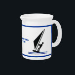 Windsurfer on board black, blue windsurfing custom pitcher<br><div class="desc">Windsurfer on board black, blue windsurfing beverage pitcher that showcases a minimalist pictogram icon of a black silhouette windsurfer and your text on white background with blue border. This modern, minimalist design makes a perfect gift for the windsurfer in your life. See lots of designs at our Sports Gifts store....</div>