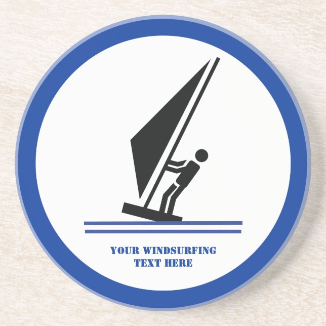 Windsurfer on board black, blue windsurfing custom sandstone coaster (Front)