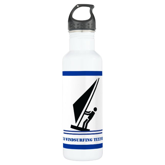 Windsurfer on board black, blue windsurfing custom water bottle (Front)