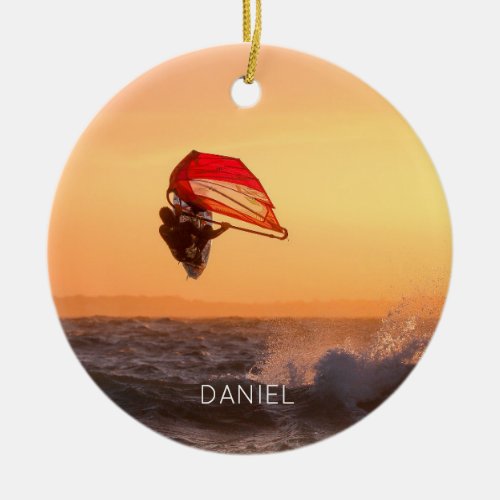 Windsurfing At Sunset Surfer Sailboarding Ceramic Ornament