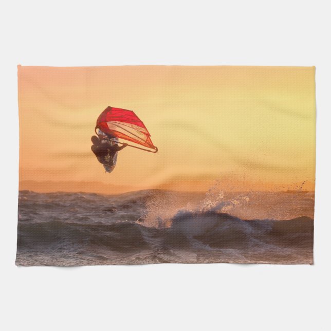 Windsurfing At Sunset Surfer Sailboarding Kitchen Towel (Horizontal)