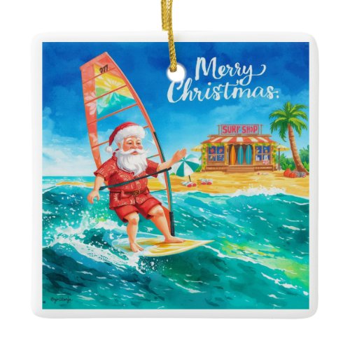 Windsurfing Santa Beach Christmas Card Ceramic Ornament