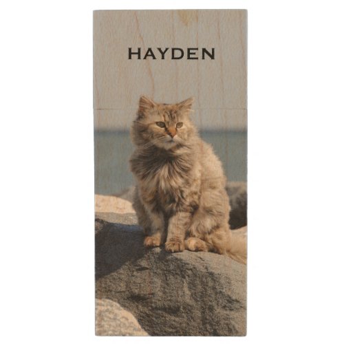 Windswept Cat by Sea Personalised Wood Flash Drive